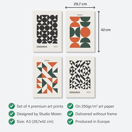 Studio Moien Bauhaus Vintage Poster Set - 4 Art Prints in Orange, Green, Black, White, Beige - Wall Arts - Unframed 250 gsm Matt Museum Quality (DIN A3 (29.7 x 42 cm)