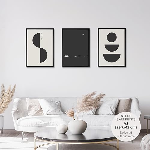 Studio Moien Abstract Black and White Vintage Nocturnal Poster Set - 3 Art Prints in Black, White, Beige - Wall Arts - Unframed 250 gsm Matt Museum Quality (DIN A3 (29.7 x 42 cm)