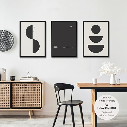 Studio Moien Abstract Black and White Vintage Nocturnal Poster Set - 3 Art Prints in Black, White, Beige - Wall Arts - Unframed 250 gsm Matt Museum Quality (DIN A3 (29.7 x 42 cm)