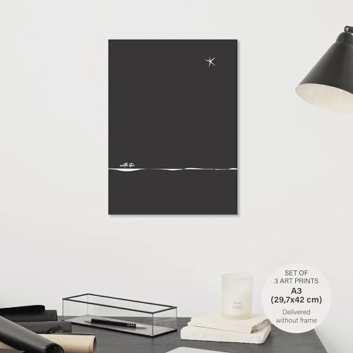 Studio Moien Abstract Black and White Vintage Nocturnal Poster Set - 3 Art Prints in Black, White, Beige - Wall Arts - Unframed 250 gsm Matt Museum Quality (DIN A3 (29.7 x 42 cm)