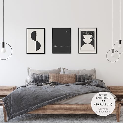 Studio Moien Abstract Black and White Vintage Nocturnal Poster Set - 3 Art Prints in Black, White, Beige - Wall Arts - Unframed 250 gsm Matt Museum Quality (DIN A3 (29.7 x 42 cm)
