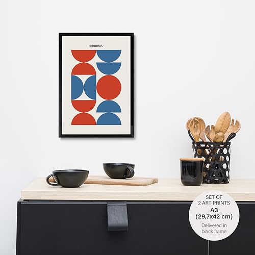 Studio Moien Bauhaus Vintage Poster Set - 2 Art Prints in Blue and Red - Wall Arts - 250 gsm Matt Museum Quality - DIN A3 (29.7 x 42 cm) - Black Framed