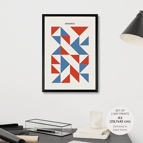 Studio Moien Bauhaus Vintage Poster Set - 2 Art Prints in Blue and Red - Wall Arts - 250 gsm Matt Museum Quality - DIN A3 (29.7 x 42 cm) - Black Framed