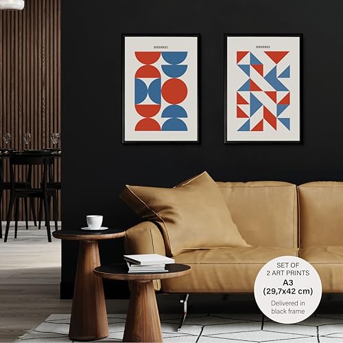 Studio Moien Bauhaus Vintage Poster Set - 2 Art Prints in Blue and Red - Wall Arts - 250 gsm Matt Museum Quality - DIN A3 (29.7 x 42 cm) - Black Framed