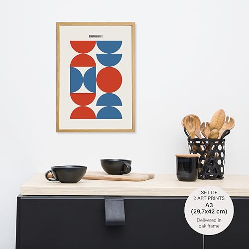 Studio Moien Bauhaus Vintage Poster Set - 2 Art Prints in Blue and Red - Wall Arts - 250 gsm Matt Museum Quality - DIN A3 (29.7 x 42 cm) - Oak Framed