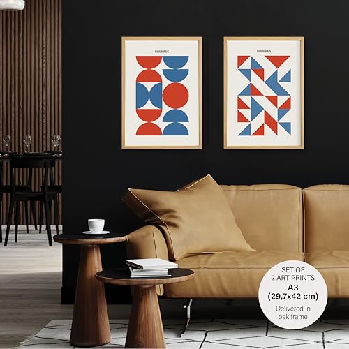 Studio Moien Bauhaus Vintage Poster Set - 2 Art Prints in Blue and Red - Wall Arts - 250 gsm Matt Museum Quality - DIN A3 (29.7 x 42 cm) - Oak Framed