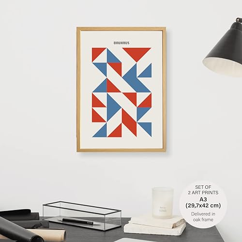 Studio Moien Bauhaus Vintage Poster Set - 2 Art Prints in Blue and Red - Wall Arts - 250 gsm Matt Museum Quality - DIN A3 (29.7 x 42 cm) - Oak Framed