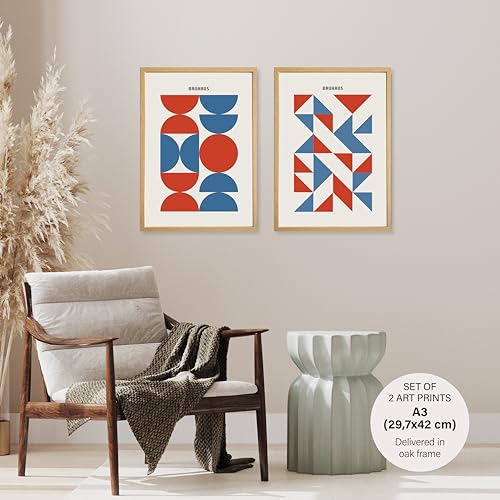 Studio Moien Bauhaus Vintage Poster Set - 2 Art Prints in Blue and Red - Wall Arts - 250 gsm Matt Museum Quality - DIN A3 (29.7 x 42 cm) - Oak Framed