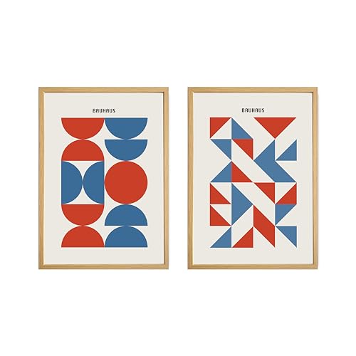 Studio Moien Bauhaus Vintage Poster Set - 2 Art Prints in Blue and Red - Wall Arts - 250 gsm Matt Museum Quality - DIN A3 (29.7 x 42 cm) - Oak Framed