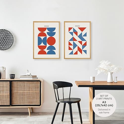 Studio Moien Bauhaus Vintage Poster Set - 2 Art Prints in Blue and Red - Wall Arts - 250 gsm Matt Museum Quality - DIN A3 (29.7 x 42 cm) - Oak Framed