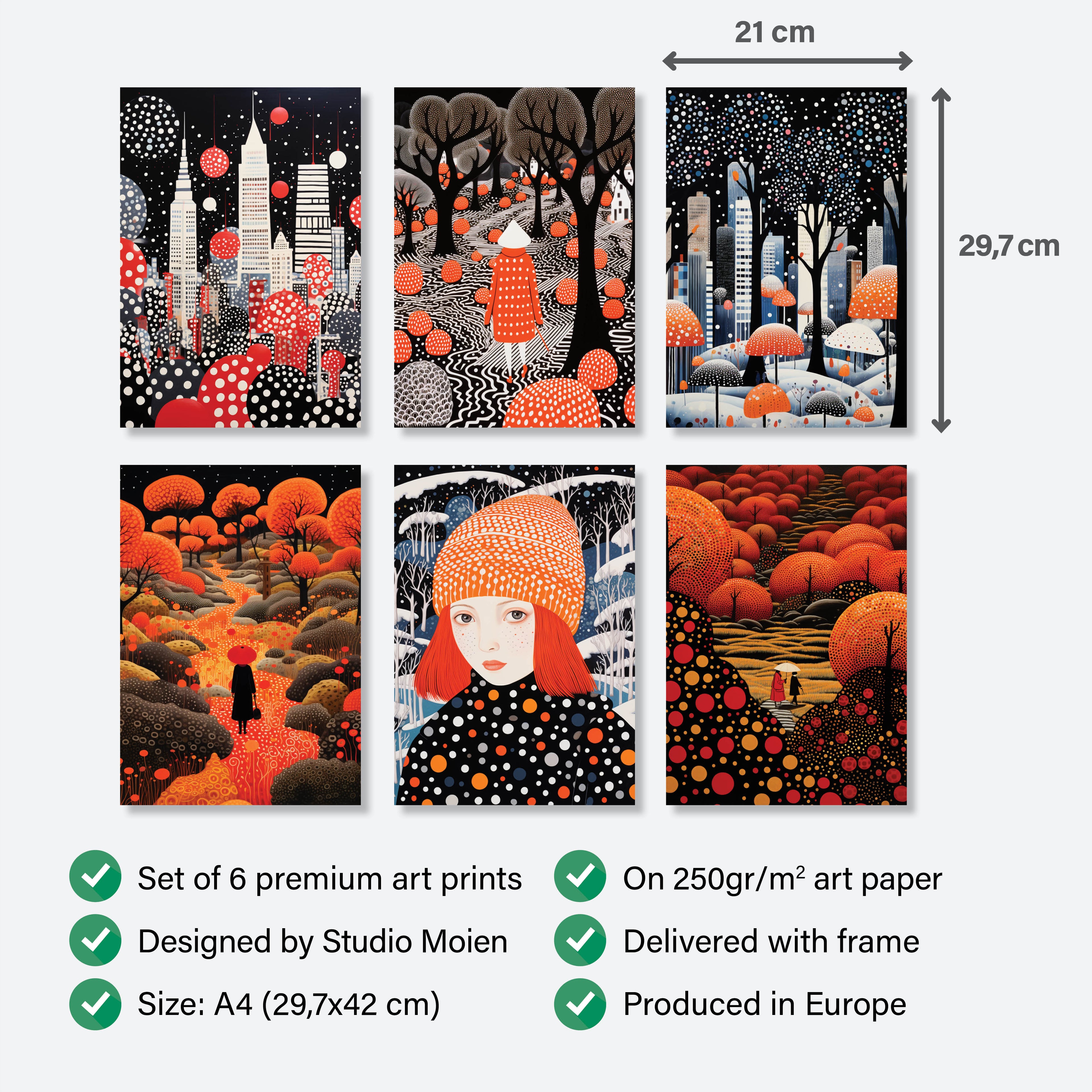 Stylish Polka Dot Set - 6 Posters with Black Oak Frame - Gallery Wall