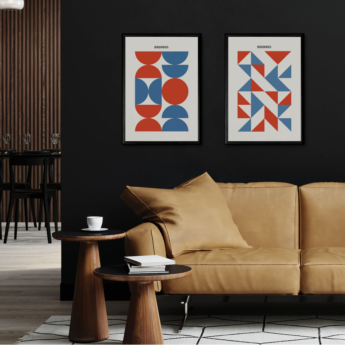 Modern Blue Bauhaus Poster Set - Oak Frame