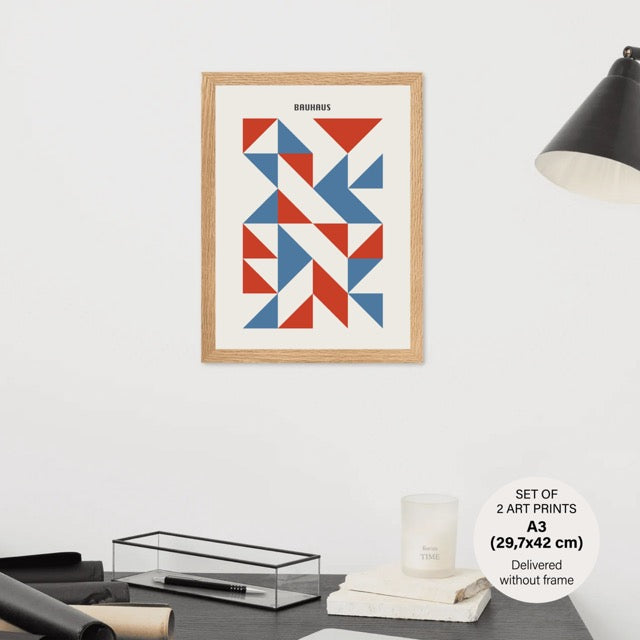 Modern Blue Bauhaus Poster Set - Oak Frame