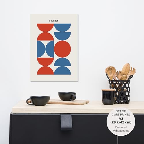 Studio Moien Bauhaus Vintage Poster Set - 2 Art Prints in Blue and Red - Wall Arts - Unframed 250 gsm Matt Museum Quality (DIN A3 (29.7 x 42 cm)