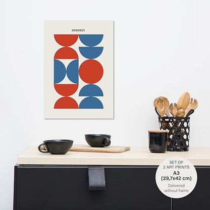 Studio Moien Bauhaus Vintage Poster Set - 2 Art Prints in Blue and Red - Wall Arts - Unframed 250 gsm Matt Museum Quality (DIN A3 (29.7 x 42 cm)