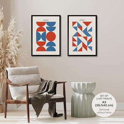 Studio Moien Bauhaus Vintage Poster Set - 2 Art Prints in Blue and Red - Wall Arts - Unframed 250 gsm Matt Museum Quality (DIN A3 (29.7 x 42 cm)