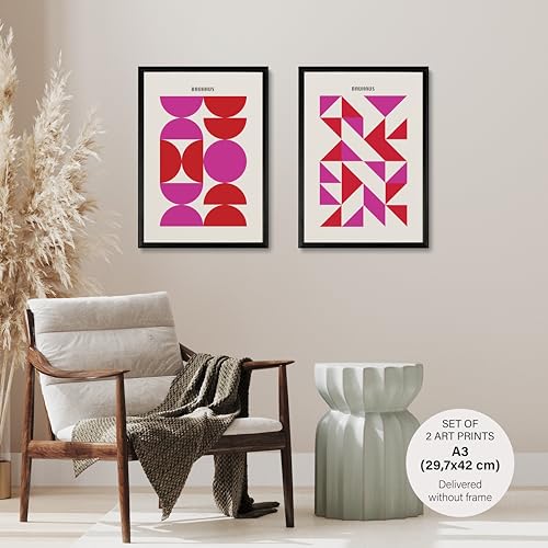 Studio Moien Bauhaus Vintage Poster Set - 2 Art Prints in Pink - Wall Arts - 250 gsm Matt Museum Quality - DIN A3 (29.7 x 42 cm) - Unframed