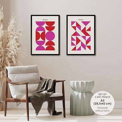 Studio Moien Bauhaus Vintage Poster Set - 2 Art Prints in Pink - Wall Arts - 250 gsm Matt Museum Quality - DIN A3 (29.7 x 42 cm) - Unframed