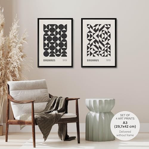 Studio Moien Bauhaus Vintage Poster Set - 4 Art Prints in Pink, Black, White, Beige - Wall Arts - Unframed 250 gsm Matt Museum Quality (DIN A3 (29.7 x 42 cm)
