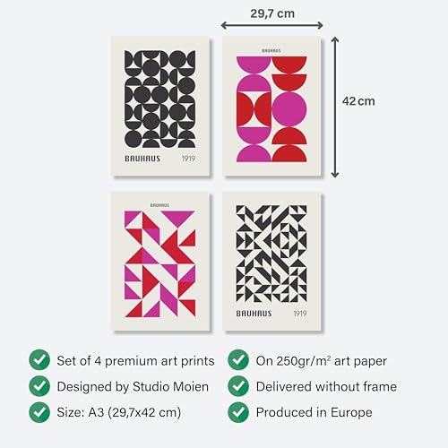 Studio Moien Bauhaus Vintage Poster Set - 4 Art Prints in Pink, Black, White, Beige - Wall Arts - Unframed 250 gsm Matt Museum Quality (DIN A3 (29.7 x 42 cm)