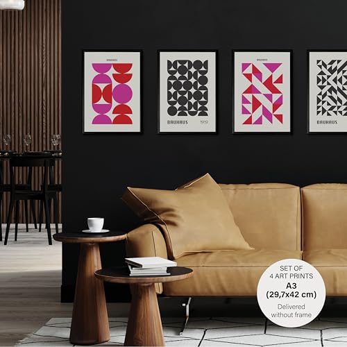 Studio Moien Bauhaus Vintage Poster Set - 4 Art Prints in Pink, Black, White, Beige - Wall Arts - Unframed 250 gsm Matt Museum Quality (DIN A3 (29.7 x 42 cm)