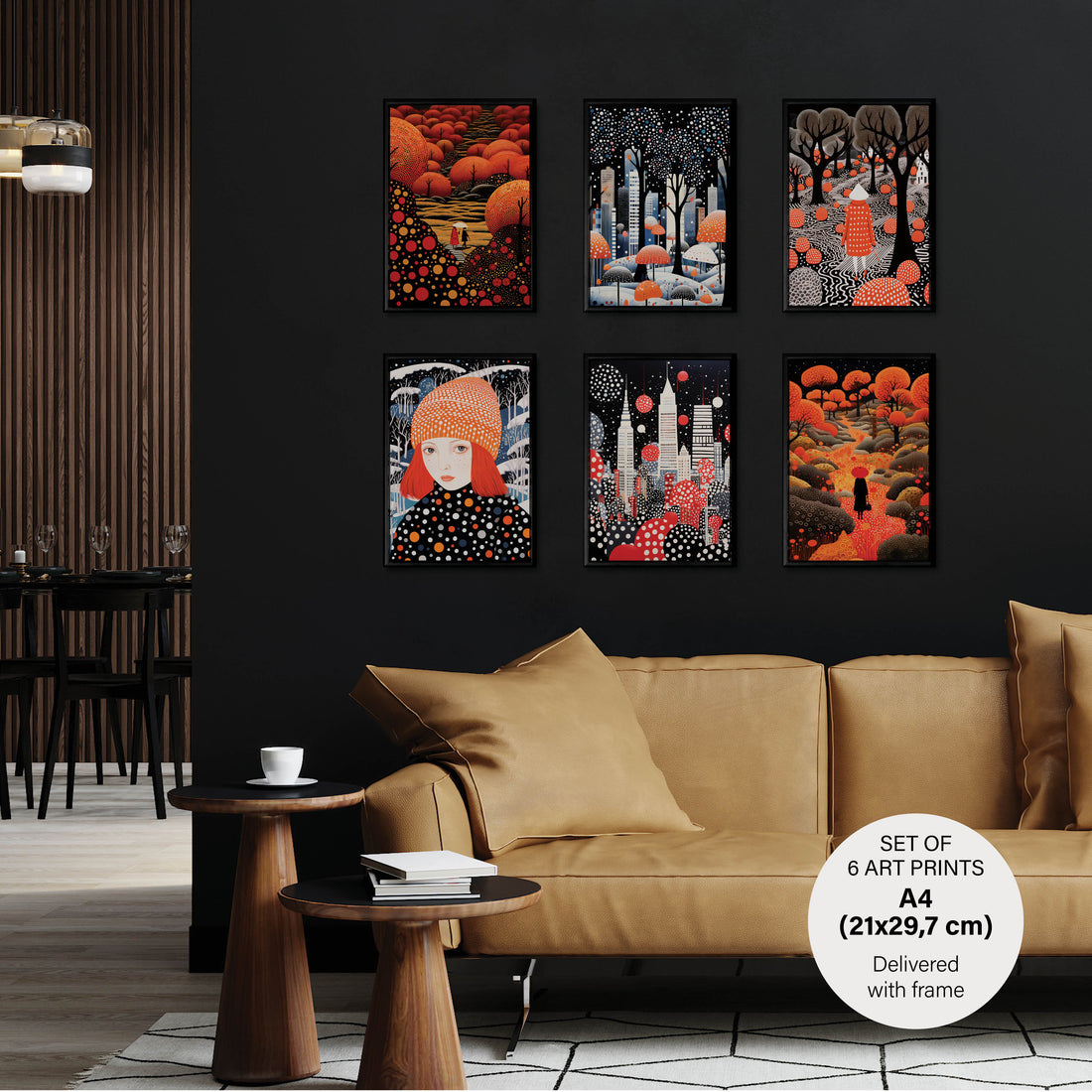 Stylish Polka Dot Set - 6 Posters with Black Oak Frame - Gallery Wall